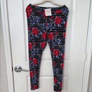 LuLaRoe Women's Leggings - Red and Blue Roses on Black